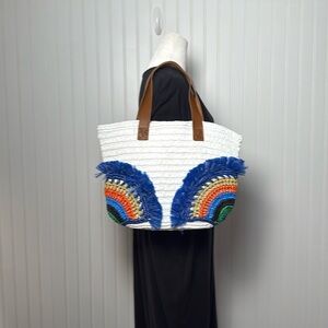 Colorful Woven Tote Bag with Brown leather Handles